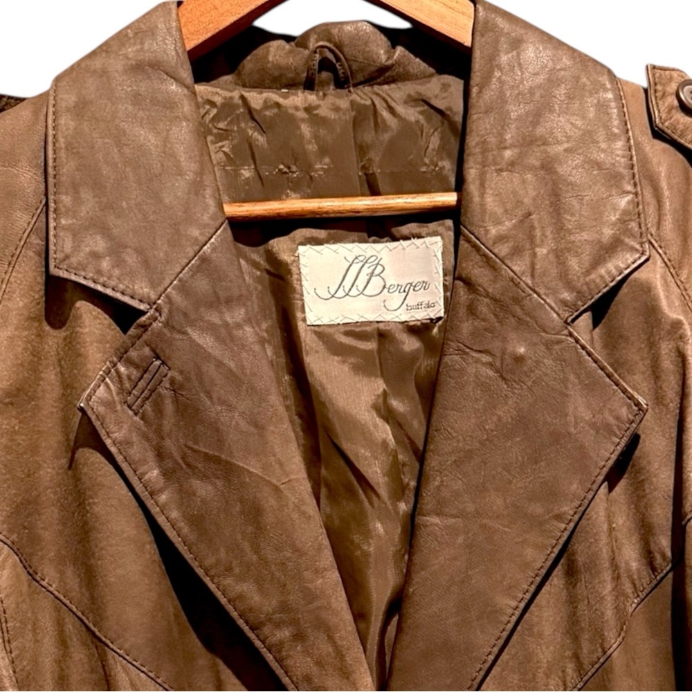 JJ Berger Buffalo Vintage Leather Trench Coat Womens L Brown Long Duster